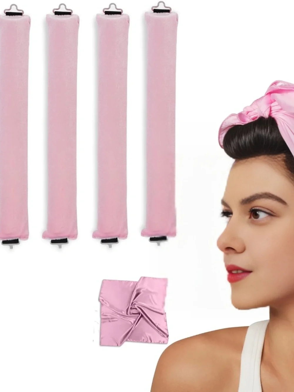 Heatless Hair Curler Rods Set 4 Velvet Foam Hair Rollers + 1 Satin Hair Scarf